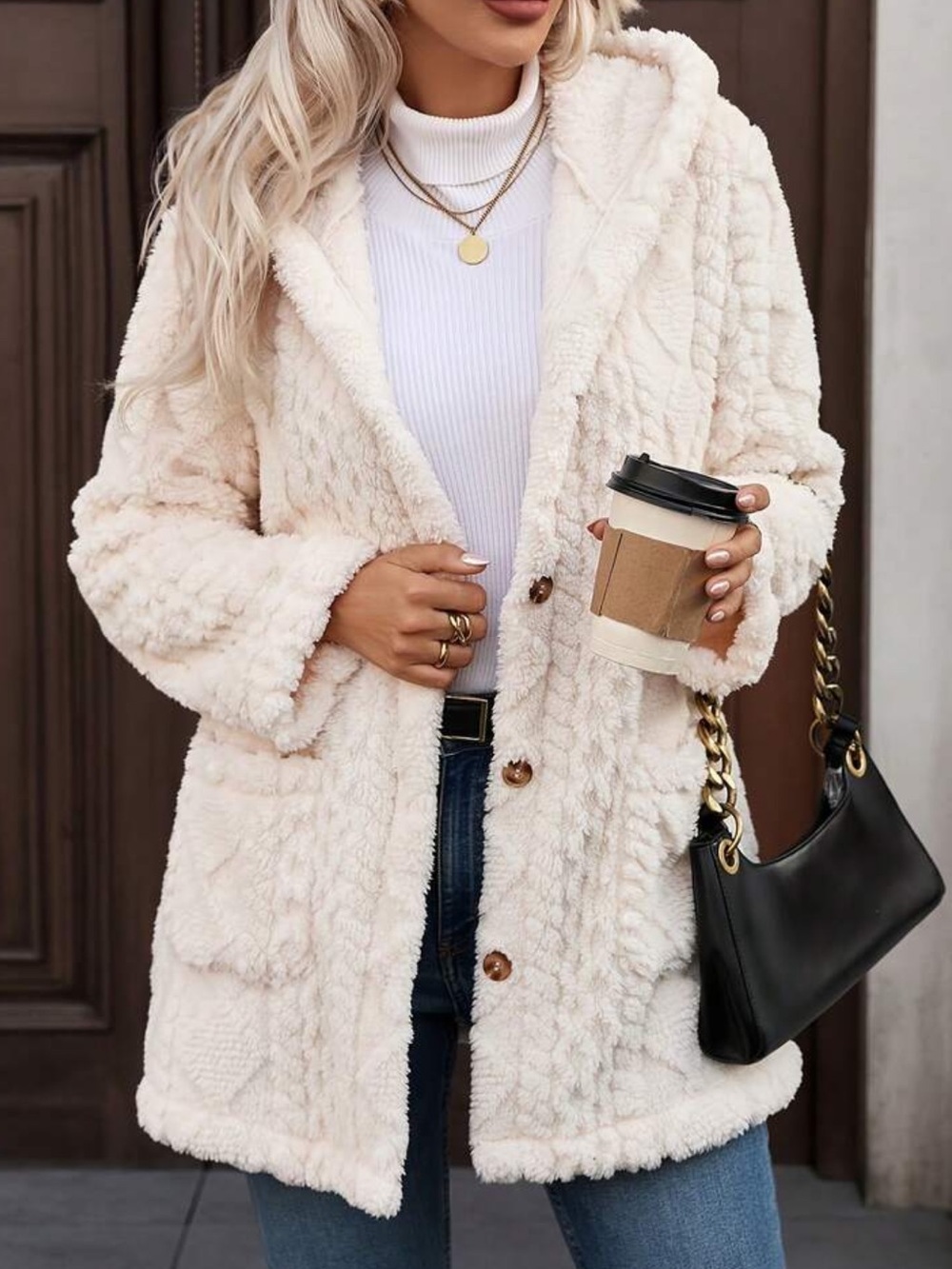 Women's Apricot Faux Fur Hooded Coat